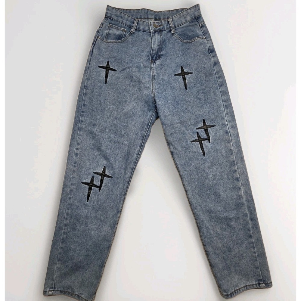 Y2k 28x28 Women's Blue Denim Jeans Straight Leg Regular Fit Embroidered Cross